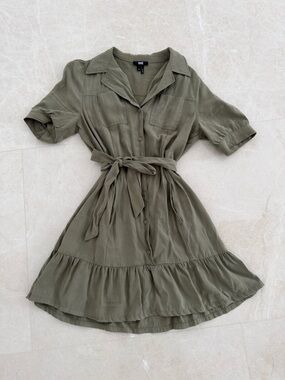 PAIGE Olive Short-Sleeve Button Shirt Dress with Tie Belt